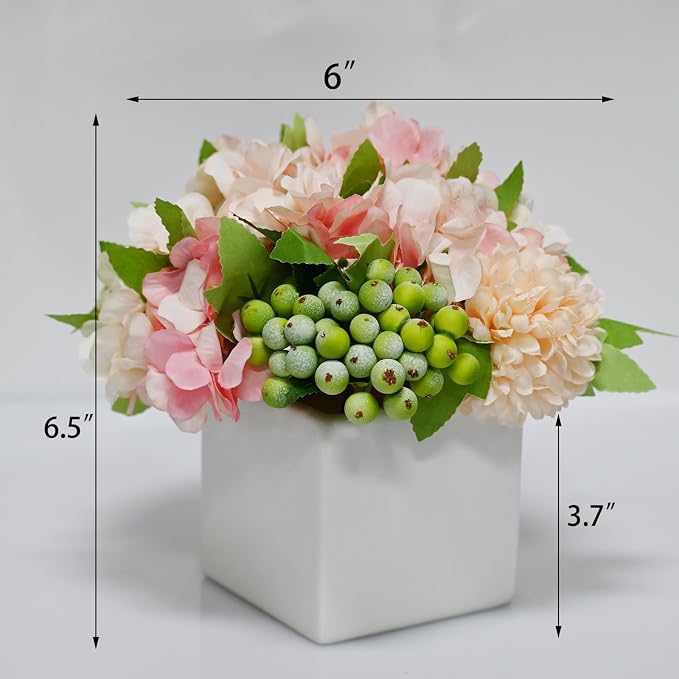 Artificial Flower Arrangement in Ceramic Vase Pink Hydrangea Home Decor | Artificial Pink Hydrangea Potted Flowers with White Vase, Fake Peony Green Berry Floral Decor for Home Office Wedding Table
