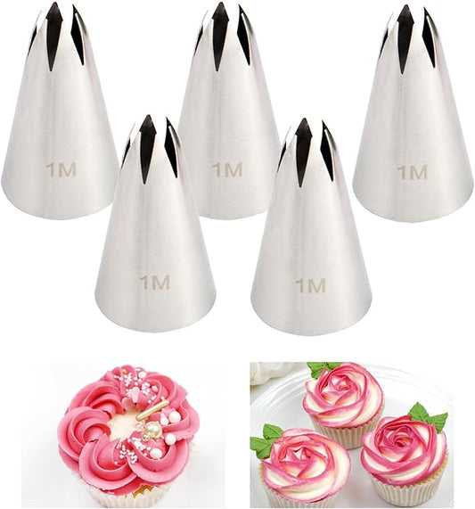 1M Piping Tip Set of 5, 304 Stainless Steel Star Seamless Icing Nozzles for Cupcakes, Cookies, Cake Decorating, and Baking Tools, Durable Frosting Tip