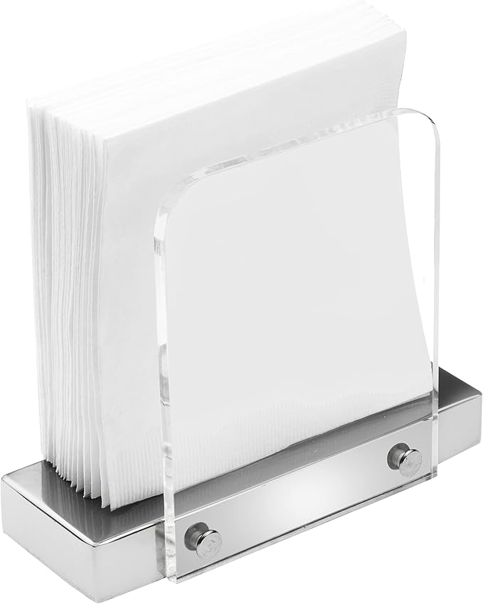 Modern Napkin Holder for Kitchen, Standing Napkin Holder for Tables, Clear Acrylic and Silver Steel Base Kitchen & Dining Room Decor