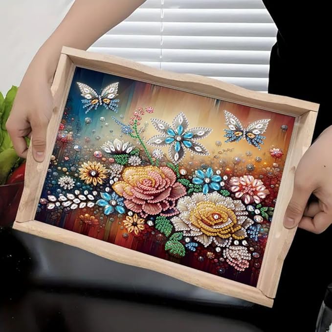DIY Diamond Serving Tray Diamond Art Painting Creative Design Handmade Wooden Tray Dinner Plate for Coffee Breakfast Home Organizer-Butterfly Flower01