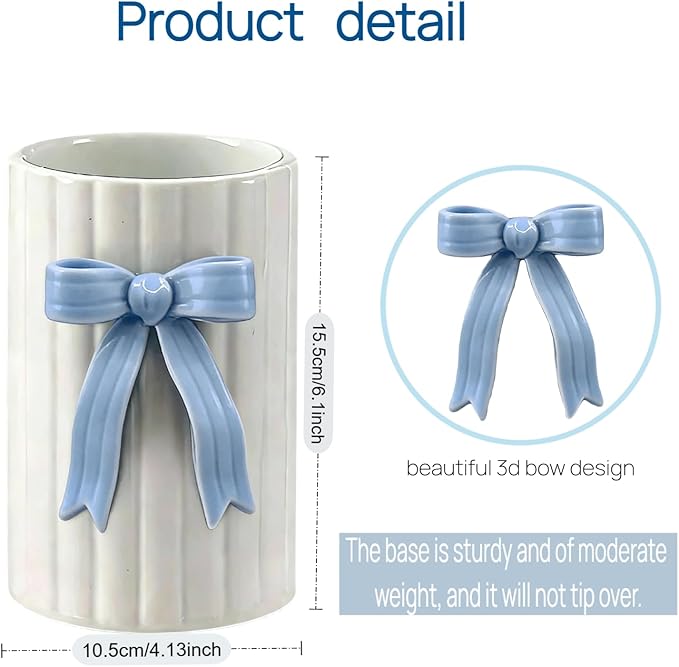 Handmade Blue Bow Ceramic Utensil Holder, 3D Coquette Cooking Utensil Crock for Kitchen Counter, Preppy Storage Caddy Organizer Vase Decor for Kitchen Countertop