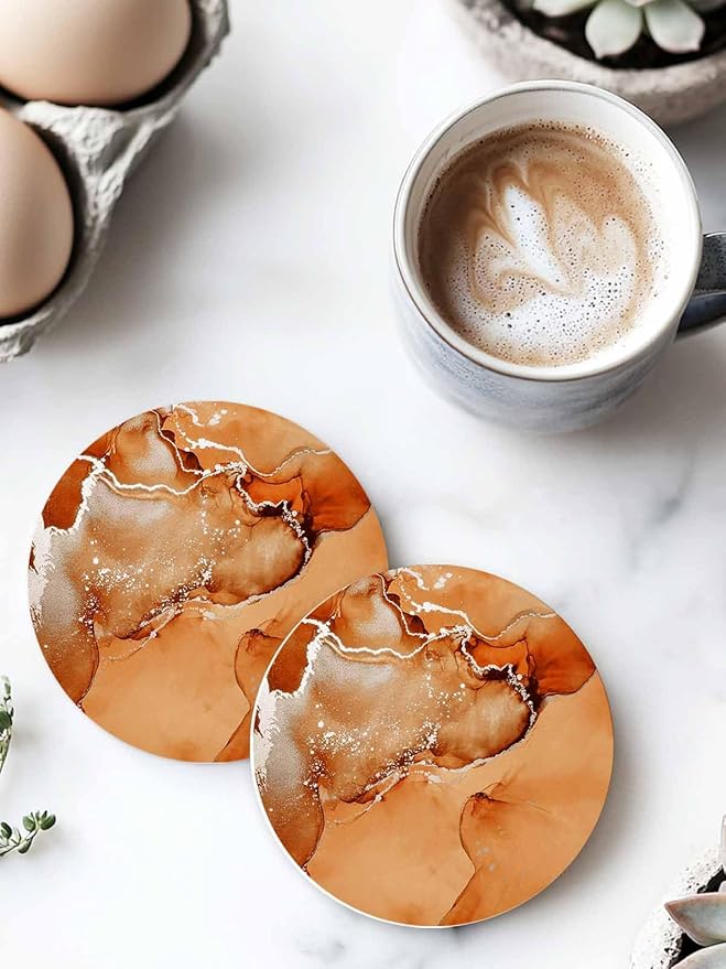 Coasters Set of 8 Orange Marble Drink Coasters with Holder Absorbent Stone Ceramic Cup Mat Abstract Waves Cloud Coaster for Drinks Coffee Bar Office Kitchen Cafe Home Table Decor