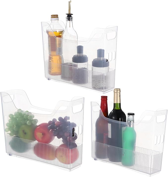 3 Pcs Stackable Freezer Organizer Bins, 13.4 X 9.8 X 3.5 In Clear Plastic Pantry Storage Baskets With Wheels And Handles, Rolling Storage Bins For Kitchen, Office
