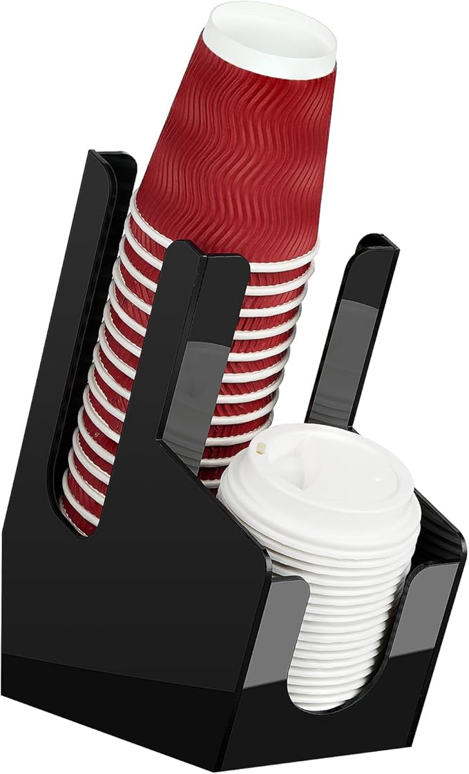 MYITYARD Coffee Station Organizer for Countertop, Acrylic Cup and Lid Dispenser Fit Disposable Paper and Plastic Cups, 2 Compartments Coffee Bar Accessories for Office Breakroom, Home, Kitchen