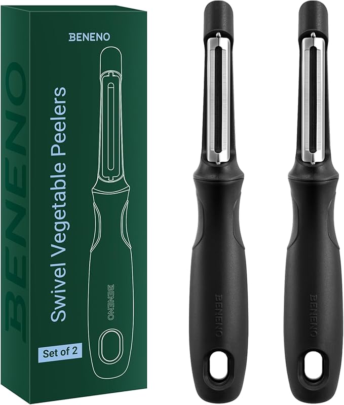Beneno Swivel Vegetable Peeler, Razor-Sharp Smooth Peeling Potato Peelers with Stainless Steel Blades, Ergonomic Comfort Non-Slip Rubber Handle, Kitchen Peelers with Potato Eye Remover (2, Black)