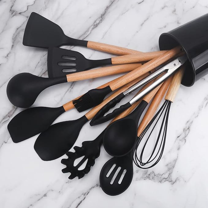 Kitchen Utensils Set,Kitchen Cooking Utensils Set,Spoon,Spatula,446℉ Heat Resistant 12-pcs Non-stick Food Grade Silicone and Wooden Handles,Kitchen Tools Set(Black)