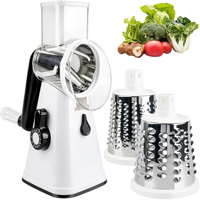 5 In 1 Food Chopper, 2026 New Rotary Cheese Grater - 3 Interchangeable Blades Manual Speed Round Food Slicer, Nut Grinder with Strong Suction Base (White)
