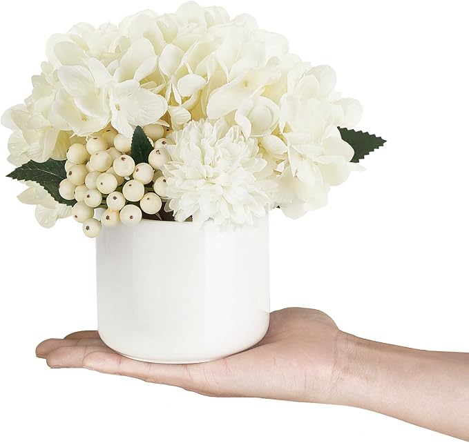 Dahey Hydrangea Artificial Flowers in Small Ceramic Vase, Fake Flower Floral Arrangements for Living Room Bathroom Dining Table Centerpice Wedding Party Spring Home Decor