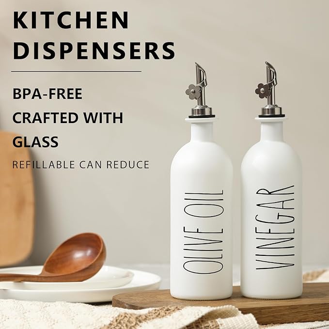 HOMCDALY 16oz Olive Oil Dispenser Bottles for Kitchen, White Oil and Vinegar Dispenser Set, Two Olive Oil Bottles with Bamboo Tray | Set of 2 (16oz-P-White)