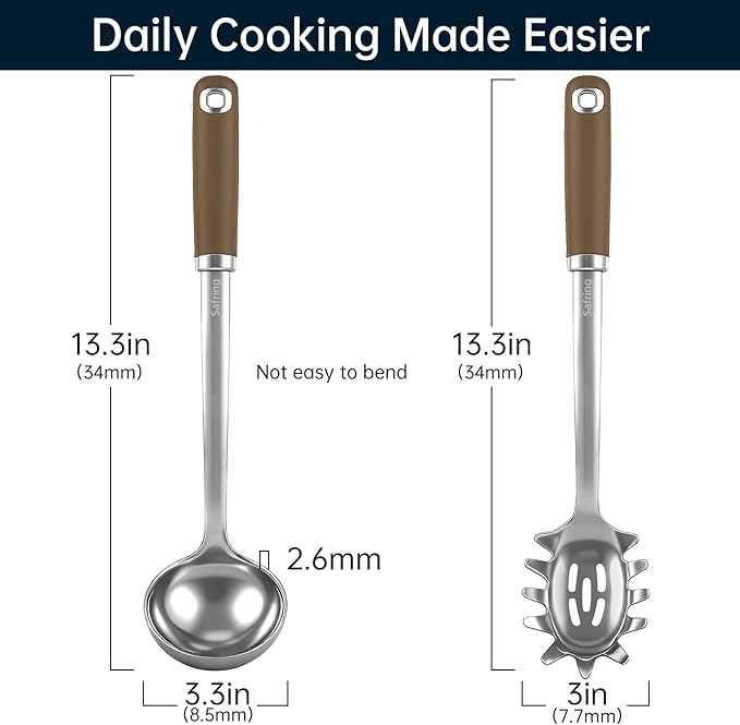 Safring Stainless Steel Soup Ladle and Spaghetti Spoon Set, Heat Resistant Rubber Handle, Dishwasher Safe, Kitchen Utensils for Cooking, Stirring, Serving Pasta, Soup & Sauce (Coffee)