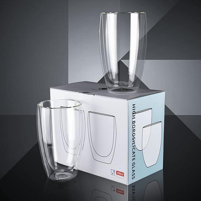 Set of 4 Double Wall Glass Coffee Mugs (15oz) - Insulated Clear Borosilicate Glass Cups for Latte, Cappuccino, Tea, and Espresso - Heat Resistant Glassware Gift for Christmas & Birthday