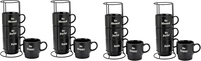 Signature Housewares Be Happy Stackable Stoneware Coffee Mug Set with Metal Rack - 15 Ounce Coffee Mugs for Coffee, Tea, Hot Chocolate, Milk, Set of 4, Matte Black (Pack of 4)