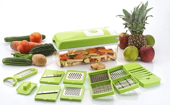 12-in-1 Vegetable Chopper and Spiralizer, 12 Premiun SS Steel Blades Heavy Duty Build with Container, Cheese Grater, Fruit Slicer, Mandoline Slicer, Onion Mincer, French Fry And Salad Cutter(Green)