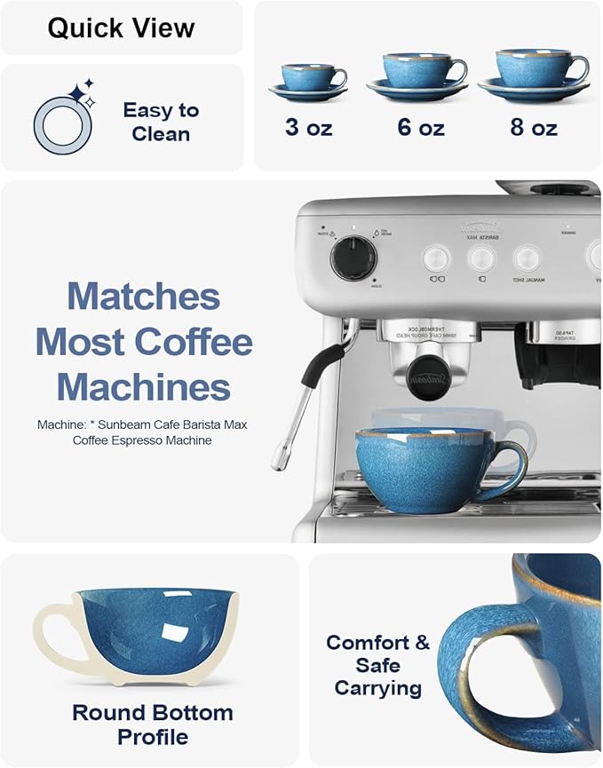 LE TAUCI 6 oz Cappuccino Cups with Saucers, Set of 4 Ceramic Coffee Cup and Saucer Set for Latte, Au Lait, Flat White, Mocha, Tea, Embossed Coffee Cups, Ceylon Blue