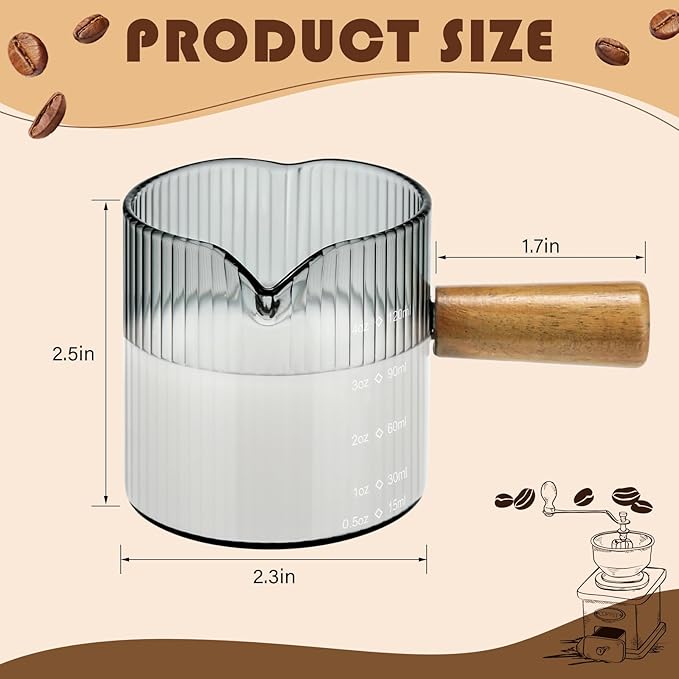 2 Pcs Double Spouts Measuring Espresso Cups Shot Glasses with Wood Handle 4 oz Dual Scale V-shaped Mouth Measuring Glasses Demitasse Cups Ribbed Milk Frothing Pitcher for Coffee Bar
