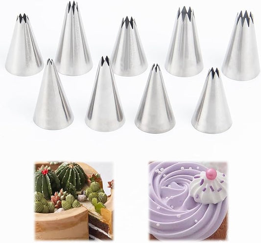 Small Piping Tip Set of 9, 304 Stainless Steel Open Star Seamless Icing Tips, Durable Frosting Nozzles for Cupcakes, Cookies, Cake Decorating, and Baking Tools (Small)