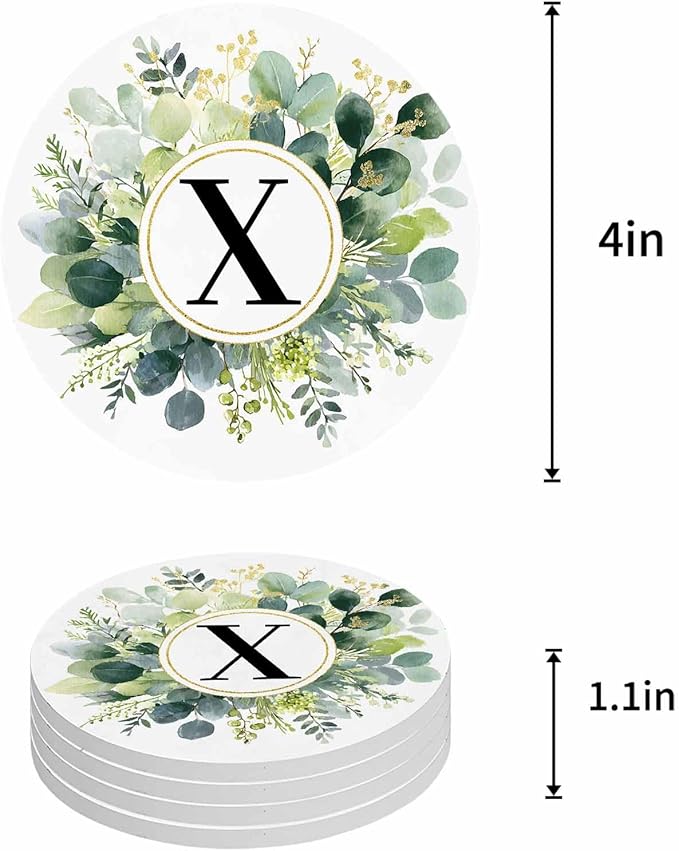 Coasters Set of 4 Letter X Drink Coasters with Holder Absorbent Stone Ceramic Cup Mat Alphabet Green Eucalyptus Leaves Coaster for Drinks Coffee Bar Office Kitchen Cafe Home Decor