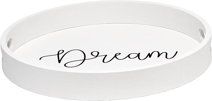 Elegant Designs HG2013-WDR Decorative 13.75'' Round Wood Serving Tray w/Handles, Dream, White Wash Dream