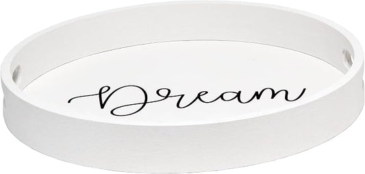 Elegant Designs HG2013-WDR Decorative 13.75'' Round Wood Serving Tray w/Handles, Dream, White Wash Dream