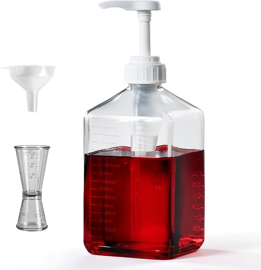 Large Capacity Syrup Dispenser for Coffee Bar, Pump Dispenser 37oz 1100ml Glass Syrup Bottle w Measuring Cup and Funnel, Dispenser Bottle w Upgraded Pump