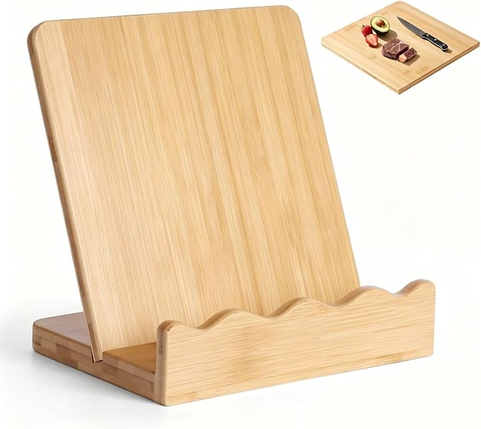 Scalloped Wooden Cookbook Stand with Removable Cutting Board – Adjustable Recipe Book Holder, Charcuterie Board & Kitchen Serving Tray – Kitchen Counte Decor/Bamboo