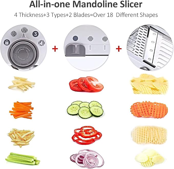 18 Types Adjustable Mandoline Slicer, Foyomo Stainless Steel Manual Cutter Vegetable Grater Julienne Slicer Waffle Fruit Kitchen Potato Cutter White