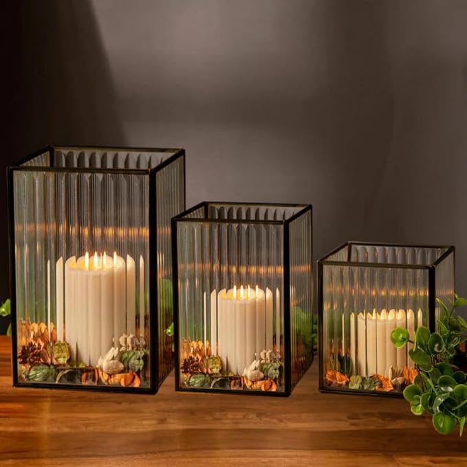 Koyal Wholesale Glass Ribbed Hurricane Candle Holders - Black Pillar Set of 3