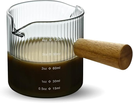 Glass Measuring Cup, 4oz Espresso Shot Glass with Wood Handle, Double Spouts Measuring Triple Pitcher Milk Cup for Coffee Tea (Gray Ribbed）