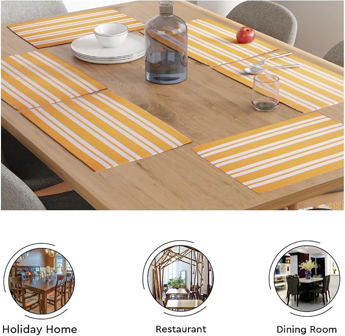 Encasa XO Dining Placemat Set of 6 | Franca Yellow Stripes Color | Fine Ribbed Cotton Table mat | Size 18x13 in | Machine Washable