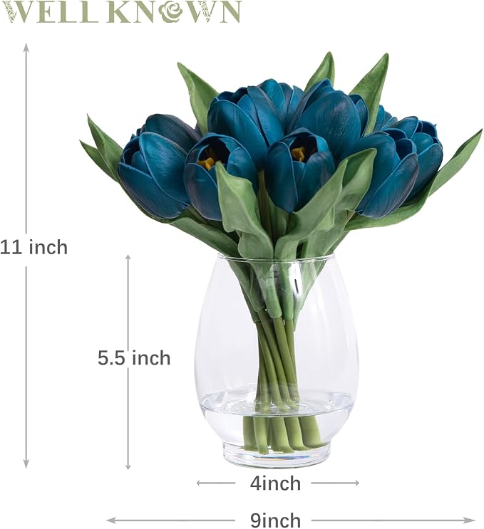 WELL KNOWN 12 Pcs Fake Tulips Artificial Flowers in Vase with Faux Water, Foam Tulip Flower Arrangement with Vase for Home Office Decor, Dining Table Wedding Centerpiece & Mom's Gift (Peacock Blue)