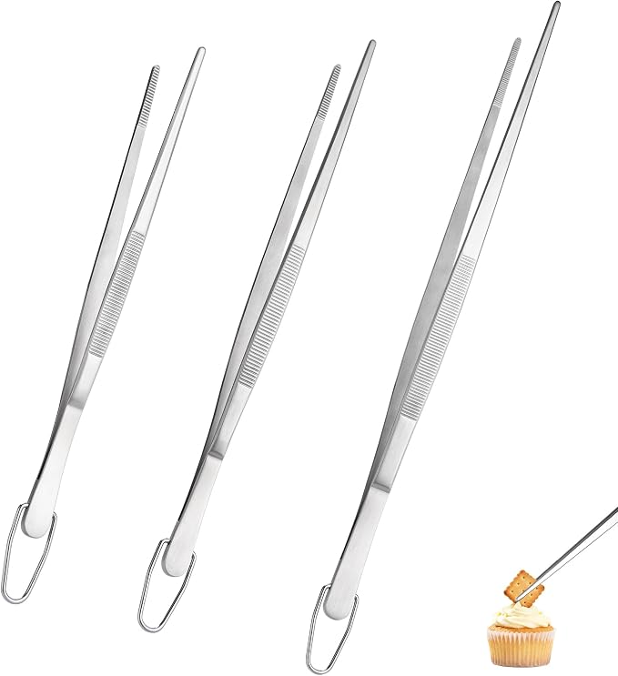 U-Taste 8"+10"+12" Kitchen Cooking Tweezer: 18/8 Stainless Steel Food-Grade Metal Food Tong, Flexible Pinching, Seamless-Welding and Sturdy for Serving Grilling Frying, Plating, Feeding (Pointed Tip)