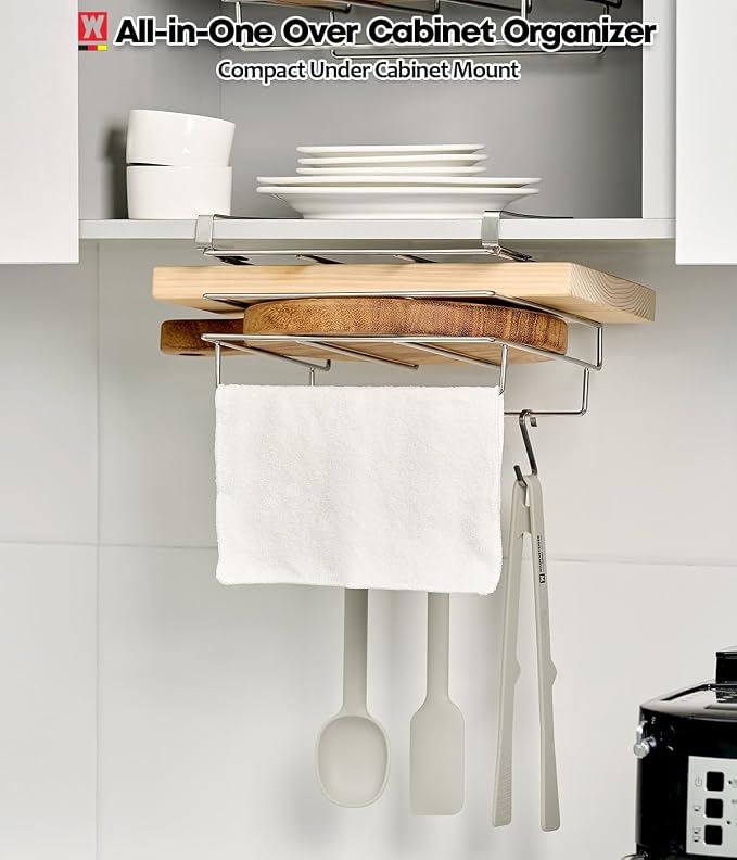 WAGENSTEIGER Stainless Steel Under/Over Cabinet Cutting Board and Kitchen Towel Rack – Space-Saving Rack for Countertop and Cabinet Door Storage, Chopping Board Holder (10.24 x 9.84 x 5.12 in)