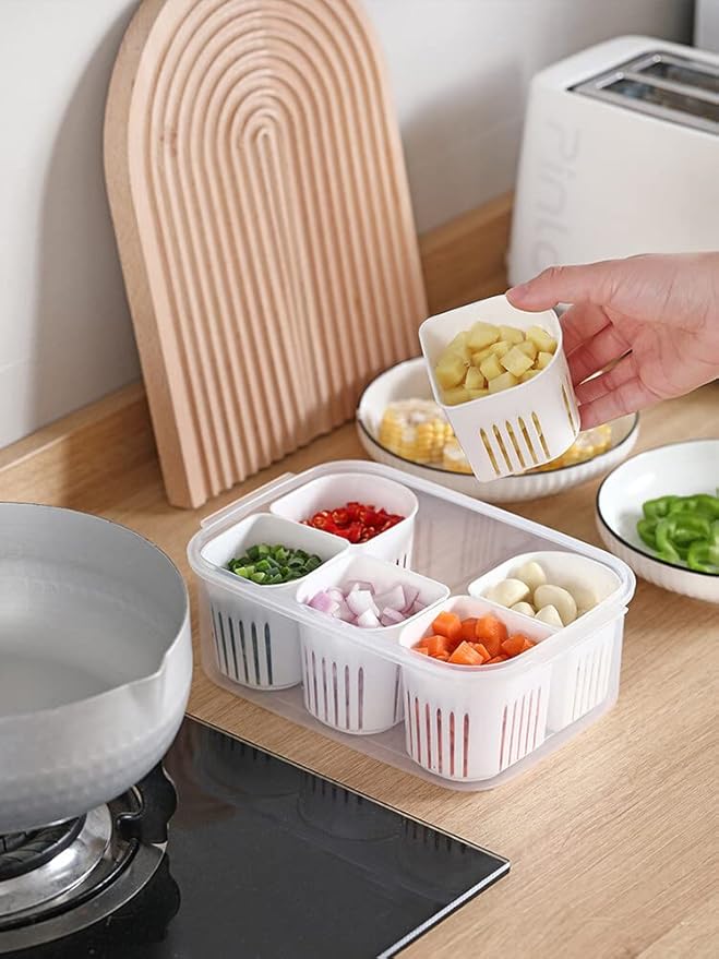 2Pcs Reusable Veggie Tray & 6-Compartment Dividers Snack Box with Lid Fridge Organizer Divided Food Storage Condiment Server for Meal Prep & Fridge Storage