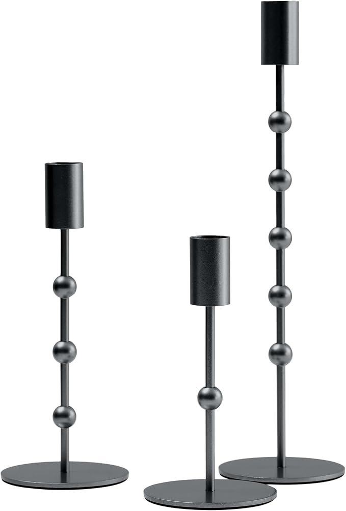 Black Candlestick Holders, Beaded Metal Taper Candle Stick Holders, Set of 3 Candle Holder for Fall Decorations, Tapered Candle Holders, Thanksgiving Table Centerpiece, Halloween Gothic Decor