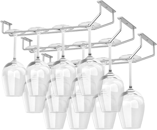 FOMANSH 14-Inch Under Cabinet Wine Glass Holder - Metal Stemware Hanger, Single Rail Wine Glass Hanging Rack for Kitchen Bar - Set of 3