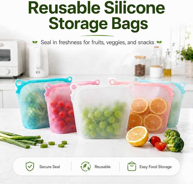 Yosmer Reusable Silicone Food Storage Bag, 50oz/1500ml Food-Grade Silicone Stand-Up Bag with Magnetic Self-Sealing Opening, Clear Windows, Freezer & Dishwasher Safe, Aqua, 1 Pack