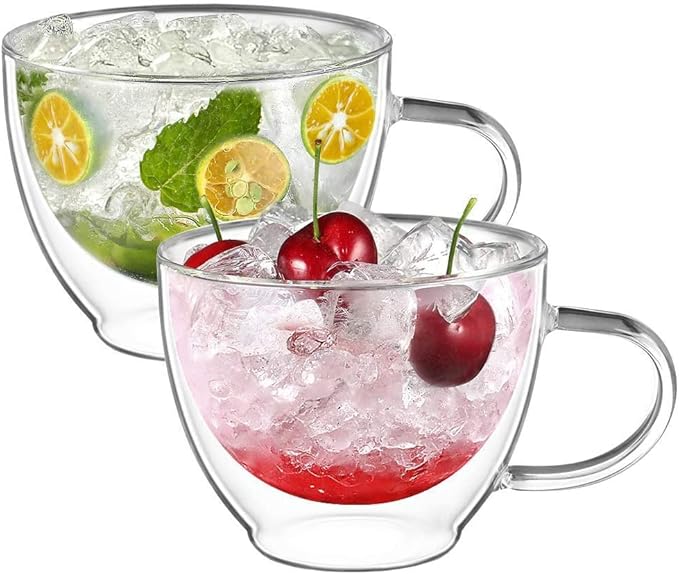 ecooe Double Walled Glass Coffee Mug 12 oz Latte Cappuccino Cups Set of 2, Clear Glass Coffee Cups with Handle, 350 ml Insulated Coffee Cup Borosilicate Heat Resistant Glass Mug Tea Cup