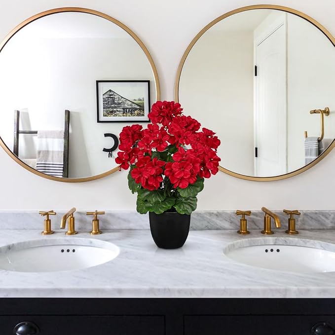 Briful 17” Geraniums Artificial Flowers Realistic Potted Plant – Red Fake Geraniums for Outdoors, Artificial Outdoor Plants for Indoor Home Decor, Farmhouse Table Centerpiece Decoration