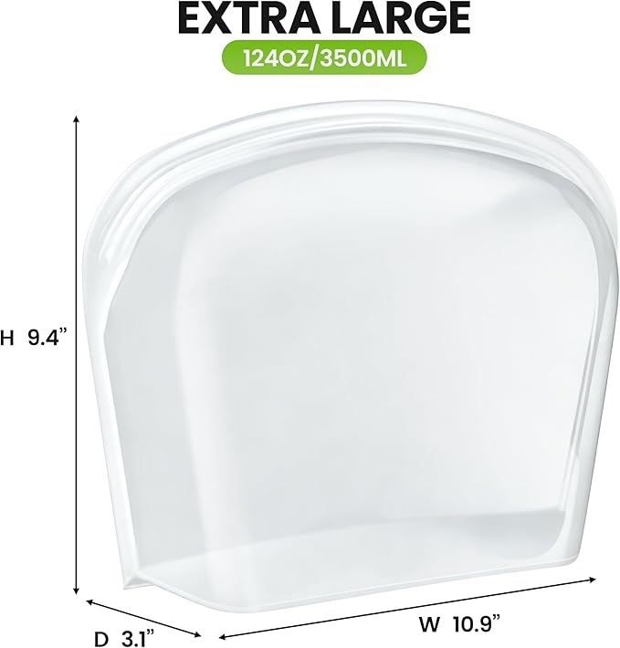 Reusable Silicone Food Storage Bag, Extra Large 124oz/3500ml Stand Up Sandwich Containers Leakproof for Oven, Microwave, Sous Vide & Freezer Bags for Meal Prep BBQ Camping Picnic Organization