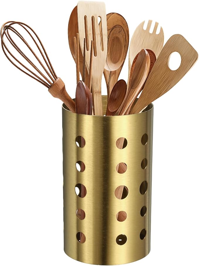 uxcell Kitchen Utensil Holder, 3.9x6.7 Stainless Steel Utensil Cutlery Holder Round Flatware Organizer with Drain Hole for Kitchen Restaurant Countertop Straw, Spoon, Chopstick, Gold