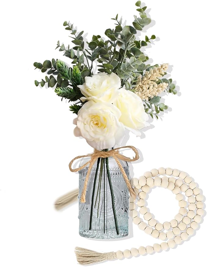 Flower Arrangement with Vase, Artificial Flowers Silk Roses Flower Bouquet in Vase, Faux Flower Arrangements,Farmhouse Table Decor,Table Decorations for Living Room,Coffee Table Decor