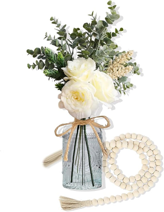 Flower Arrangement with Vase, Artificial Flowers Silk Roses Flower Bouquet in Vase, Faux Flower Arrangements,Farmhouse Table Decor,Table Decorations for Living Room,Coffee Table Decor