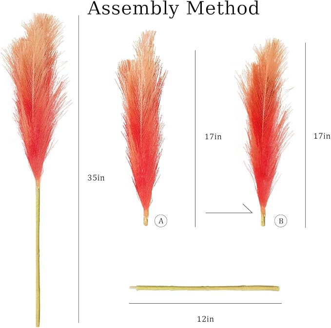 TORONTOKYO 8Pcs Orange Faux Pampas Grass Tall Decor, 35.4” Fluffy Artificial Pompous Grass Branches, Large Pampas Grass Reed Stems for Floor Vase Filler, Wedding, Baby Shower, Home Boho Fall Decor