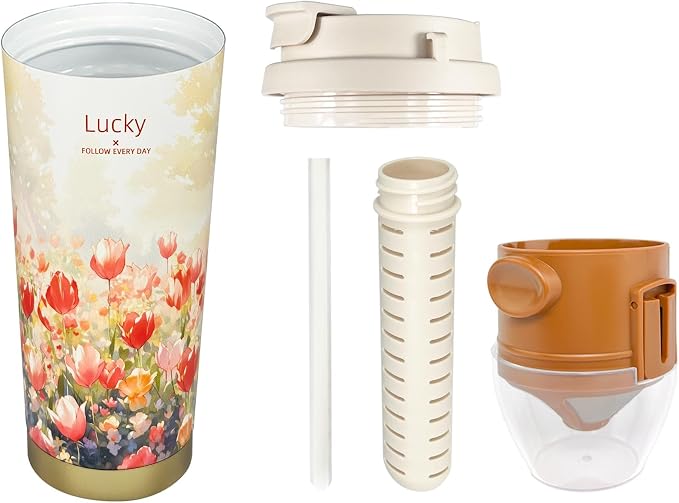 17oz Camping Coffee Makers with Ceramic Coating,Camp Pour Over Coffee Maker Set,Double Wall Vacuum Leak-Proof Mug for Office School Party Camping,Tea Infuser Mug for Loose Leaf Tea (17oz Lucky Tulip)
