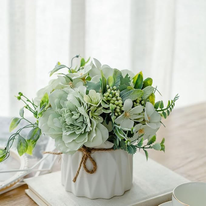 TKAS Fake Flowers Arrangement in Ceramic Vase, Artificial Faux Silk Roses & Hydrangea, Small Realistic Dried-Style Floral Dining Table Centerpiece for Wedding Party Home Decoration (Green)
