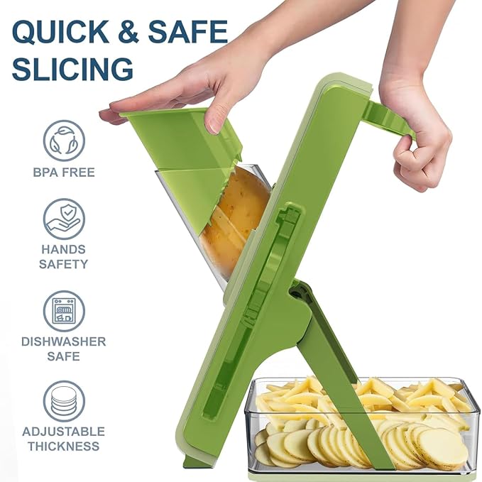 Eletronova Safe Mandoline Slicer for Kitchen, Vegetable Slicer with Container, French Fry Cutter, All in 1 Julienne Slicer for Potato, Thickness Adjustable, Detachable Blade (Green)