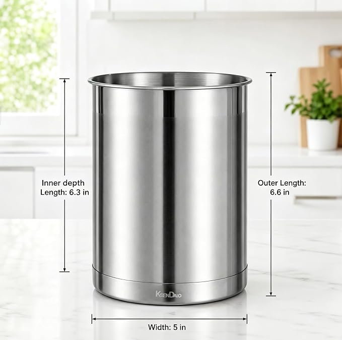 KSENDALO 3 Pack Utensil Holder Stainless Steel 6.3inch Deep,Silver | Brushed Finish, Doubled Base for Stable, Shiny Stainless Style, 5inch Wide, 6.60inch Tall