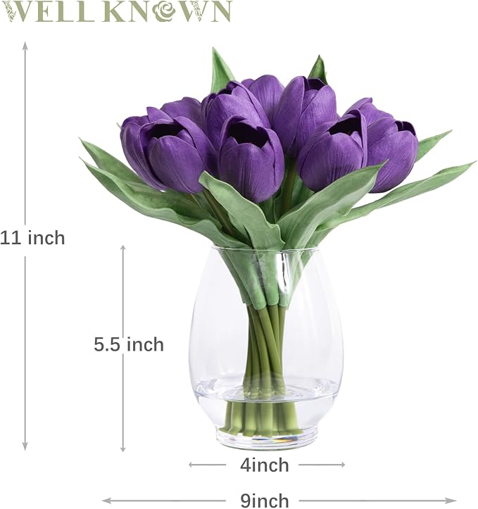 WELL KNOWN 12 Pcs Fake Tulips Artificial Flowers in Vase with Faux Water, Real Touch Purple Foam Tulips Arrangement with Vase for Home Office Wedding Party Decor Dining Table Centerpiece & Mom's Gift