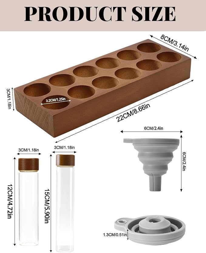 Single Dose Coffee Bean Storage Tubes, 12 Pcs Coffee Container Set 60ml &80ml Glass Small Coffee Bean Jar with Wooden Lids, Walnut Stand, Foldable Silicone Funnel & Labels