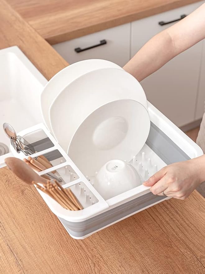 J&V TEXTILES Collapsible Dish Drying Rack - Popup for Easy Storage, Drain Water Directly into The Sink, Room for Eight Large Plates, Sectional Cutlery and Utensil Compartment, Compact (Gray)